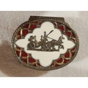 Vintage Trinket Box Horse & Carriage Filigree Brass &  Red Velvet
